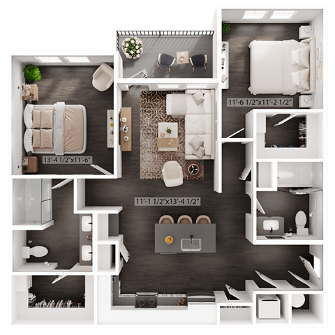 Floor plan for 2 beds, 2 baths, 1068 sqft